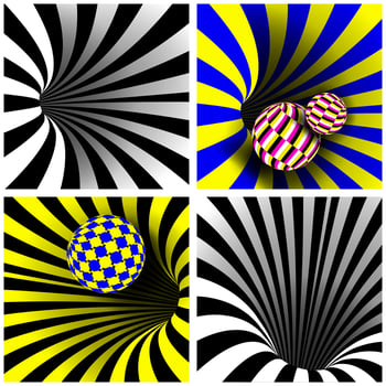 Spiral Vortex Set Vector. Vector. Optical 3d Art. Spiral Twisted Vortex Tunnel Shape. Tunnel Hole Effect. Rotation Dynamic Optical Effect. Swirl. Imagination Motion Background Illustration vector