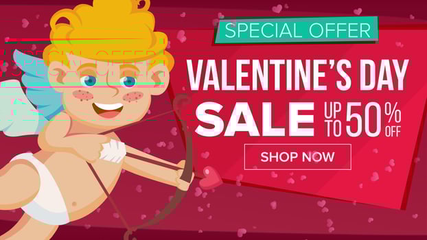 Valentine s Day Sale Banner Vector. Cute Cupid, Amour. Wallpaper, Flyer, Invitation, Poster, Brochure. Sale Header. Limited Offer.Cartoon Business Brochure Illustration. vector