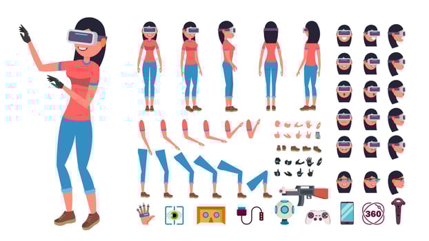 Woman In Virtual Reality Headset Vector. Animated Character Creation Set. 3D VR Glasses. Full Length, Front, Side, Back View, Accessories, Poses, Emotions, Gestures. Virtual Reality Flat Illustration vector