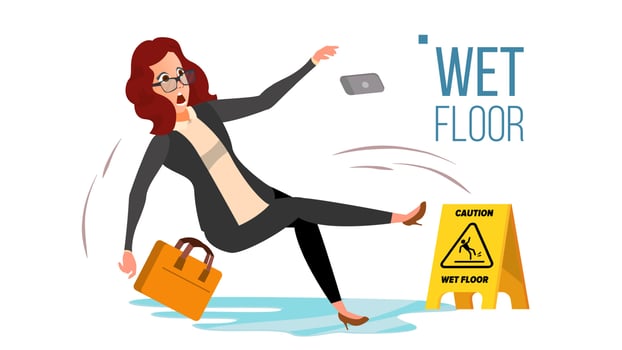 Woman Slips On Wet Floor Vector. Modern Business Woman In Office. Danger Situation. In Action. Clean Wet Floor. Isolated Flat Cartoon Character Illustration vector