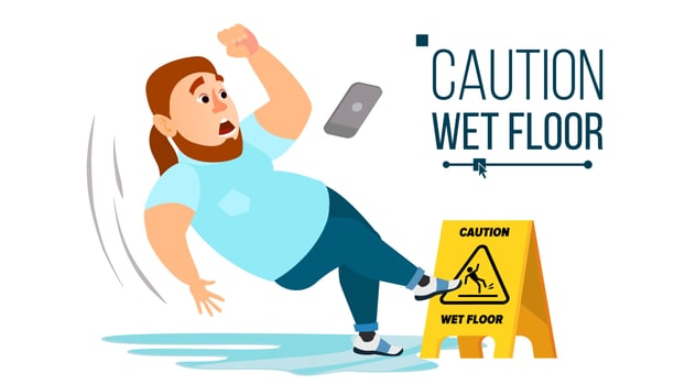 Man Slips On Wet Floor Vector. Modern Businessman. Situation In Office. Danger Sign. Clean Wet Floor. Isolated Flat Cartoon Character Illustration vector