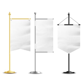 Blank White Flags Pocket Table Vector. Realistic Template Set For Business Promotion And Advertising. Vector Illustration