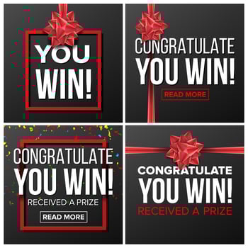 You Win Banner Set Vector. Festive Sign. Realistic Red Satin Bow. Lottery, Surprise, Prize Winner, Concept. Congratulations Gift Card. Illustration vector