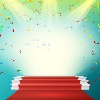 White Winner Podium Vector. Red Carpet, Falling Confetti Explosion. Stage For Awards Ceremony. Pedestal. Spotlight. Award Illustration vector