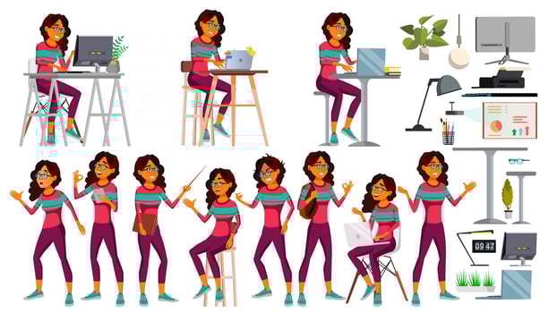 Office Worker Vector. Woman. Modern Arab Employee, Laborer. Saudi. Business Woman. Face Emotions, Various Gestures. Flat Cartoon Illustration vector