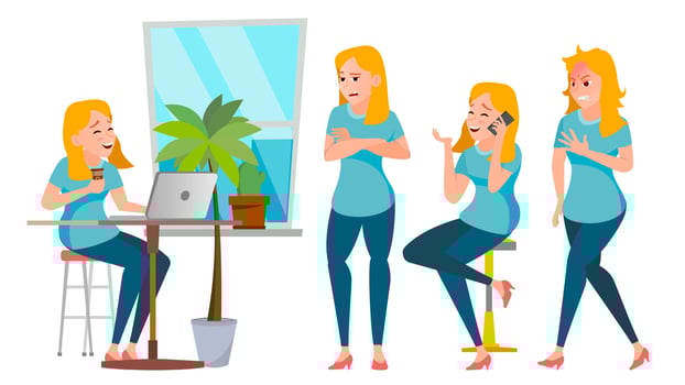 Business Woman Character Set Vector. Working People Set. Girl Boss In Action. Office, Creative Studio. Female Business Situation. Girl Programmer, Designer, Manager. Poses. Character Illustration vector