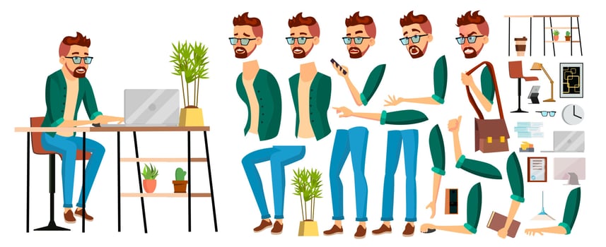 Business Man Worker Character Vector. Hipster Working Male. Office Worker. Animation Set. Clerk, Salesman, Designer. Face Emotions, Expressions. Cartoon Illustration vector