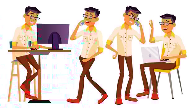 Office Worker Vector. Korean, Thai, Vietnamese. Face Emotions, Various Gestures. Lifestyle Generator. Situations. Businessman Human. Animated Elements. Modern Cabinet Employee, Workman. Illustration vector