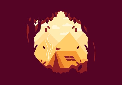 Colorful flat illustration of outdoor camping in the forest with mountain view vector
