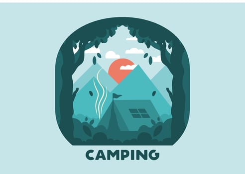 Colorful flat illustration of outdoor camping in the forest with mountain view vector