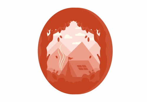 Colorful flat illustration of outdoor camping in the forest with mountain view vector