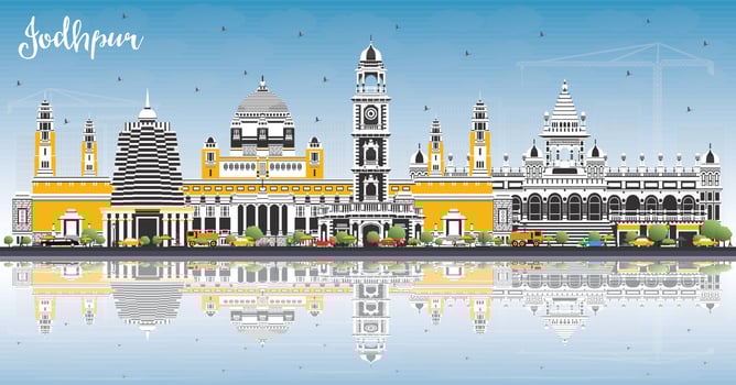 Jodhpur India City Skyline with Color Buildings, Blue Sky and Reflections. vector