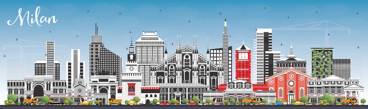 Milan Italy City Skyline with Color Buildings and Blue Sky. vector