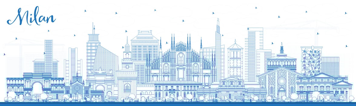 Outline Milan Italy City Skyline with Blue Buildings. vector