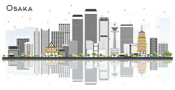 Osaka Japan City Skyline with Color Buildings and Reflections Isolated on White. vector