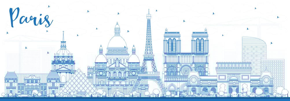 Outline Paris France City Skyline with Blue Buildings. vector