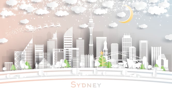 Sydney Australia City Skyline in Paper Cut Style with Snowflakes, Moon and Neon Garland. vector