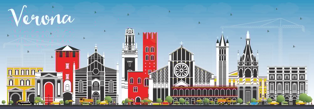 Verona Italy City Skyline with Color Buildings and Blue Sky. vector