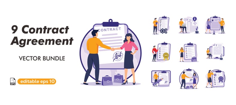 Man Character Standing near Contract Document, Reading Privacy Policy and Terms and Conditions. Businessman Signing Contract. Contract Agreement Concept.business flat bundle illustration vector
