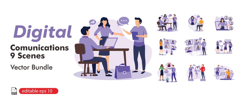 Team communication abstract concept vector illustration set. Meeting and brainstorm, online meetup, corporate presentation, creative ideas and solutions, teamwork. business flat bundle illustration.