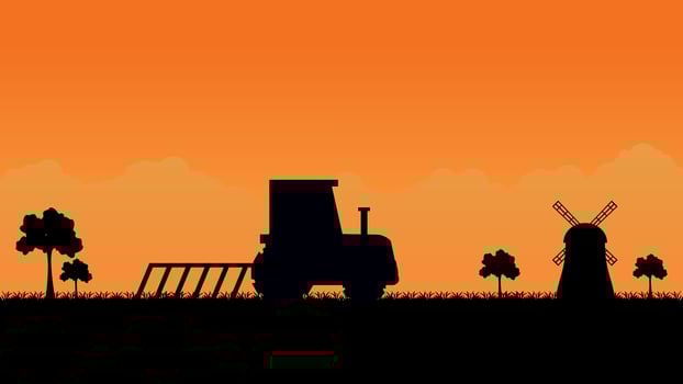 tractor plowing field on rural village landscape. vector
