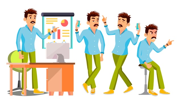 Business Man Character Vector. Working Male. Environment Process. Start Up. Casual Clothes. Worker. Full Length. Programmer, Manager. Expressions. Flat Business Character Illustration vector