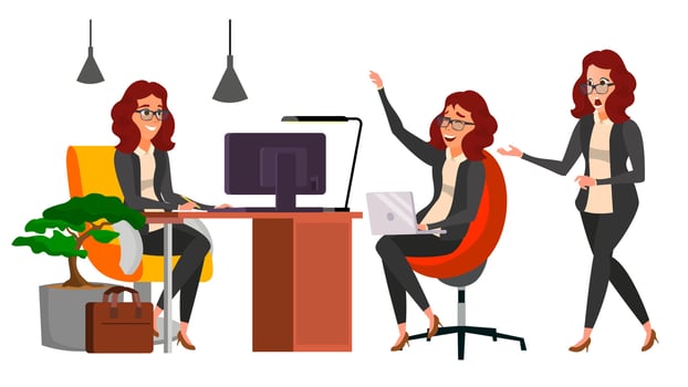 Business Woman Character Vector. Working Female, Girl. Team Room. Desk. Brainstorming. Businesswoman Working. Environment Process. Start Up Office. Effective Programmer Designer. Lifestyle Situations vector