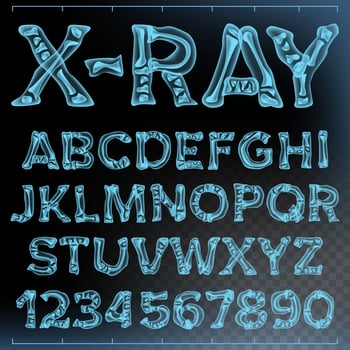 X-ray Font Vector. Transparent Roentgen Alphabet. Radiology 3D Scan. Abc. Blue Bone. Medical Typography. Capitals Letters And Numbers. Isolated Illustration vector