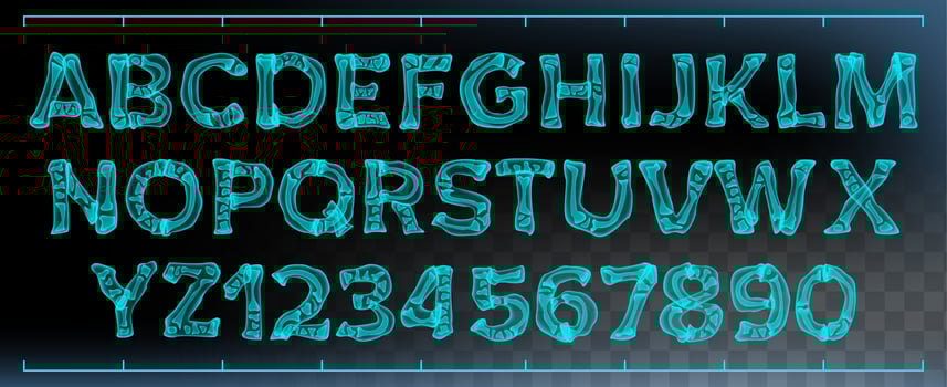X-ray Font Vector. Transparent Roentgen Decorative Alphabet. Radiology Neon Scan Effect. Blue Bone. Futuristic Medical Light Typography. Capitals Letters And Numbers. Isolated Typeset Illustration vector