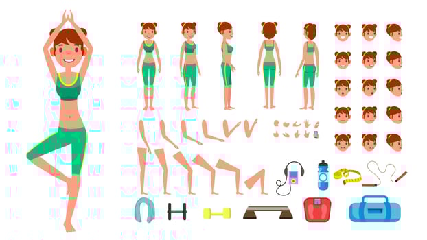 Yoga Woman Vector. Prenatal Yoga Animated Character Creation Set. Woman Full Length, Front, Side, Back View, Accessories, Poses, Face Emotions, Gestures. Isolated Flat Cartoon Illustration vector