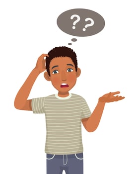 young African man feeling confused scratching his head having no idea, clueless, do not know, puzzled and doubt about the questions raising his hand vector