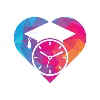 Study time heart shape concept vector logo design. Graduation hat with clock icon design.