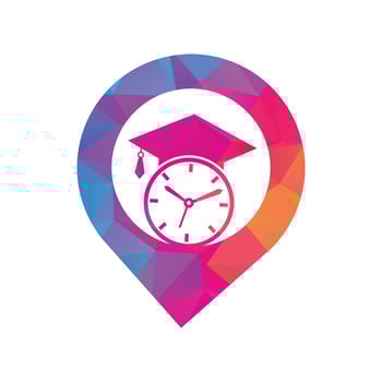 Study time gps shape concept vector logo design. Graduation hat with clock icon design.