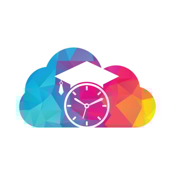 Study time cloud shape concept vector logo design. Graduation hat with clock icon design.