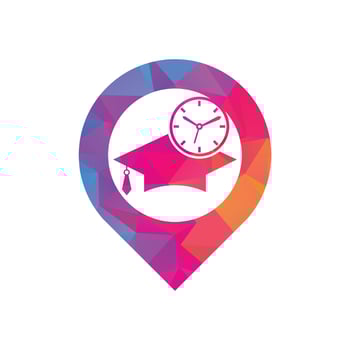 Study time gps shape concept vector logo design. Graduation hat with clock icon design.