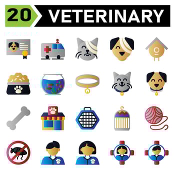 Veterinary icon set include certificate, vaccine, animal, pet, dog , ambulance, car, rescue, pet, animal rescue, bandage, cat, pet, vet, veterinary, bandage, dog, pet, vet, veterinary, birdhouse, nest vector