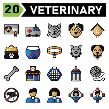 Veterinary icon set include certificate, vaccine, animal, pet, dog , ambulance, car, rescue, pet, animal rescue, bandage, cat, pet, vet, veterinary, bandage, dog, pet, vet, veterinary, birdhouse, nest vector