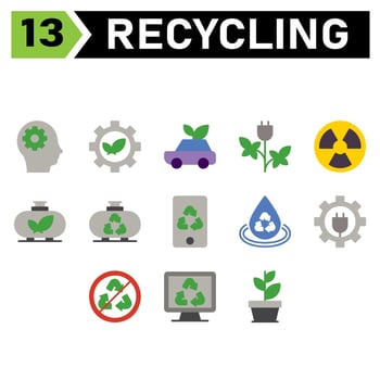 Ecology and Recycle icon set include  head, gear, environment, ecology, recycle, leaf, sustainable, car, waste, vehicle, energy, electric, reactor, nuclear, power, industry, tank, eco, device, gadget vector
