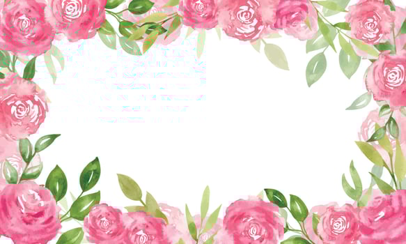 Watercolor Floral rectangular Frame with pink Rose Flowers and green leaves. Hand drawn template for greeting cards or wedding invitations on isolated background. Painted botanical illustration vector