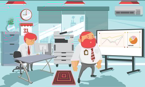 Cute illustration of working environment which consist of boss and employee figures and also office equipment vector