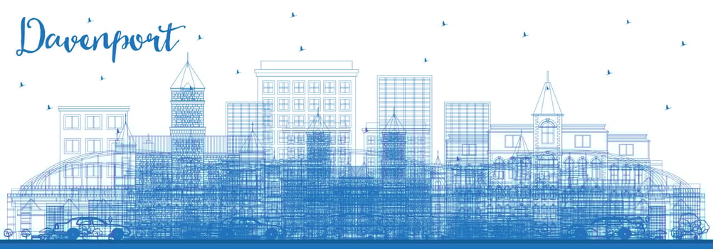 Outline Davenport Iowa Skyline with Blue Buildings. vector