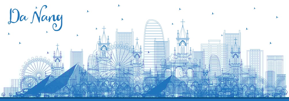 Outline Da Nang Vietnam City Skyline with Blue Buildings. vector