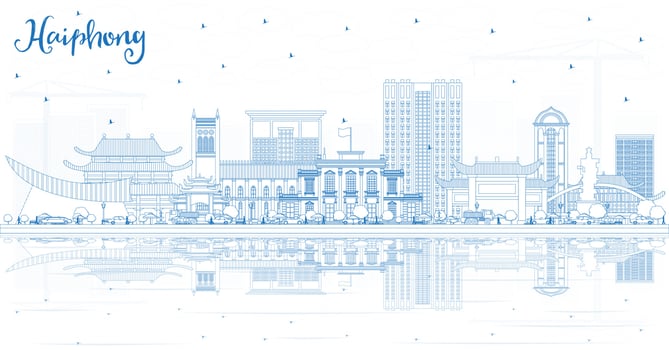 Outline Haiphong Vietnam City Skyline with Blue Buildings and Reflections. vector