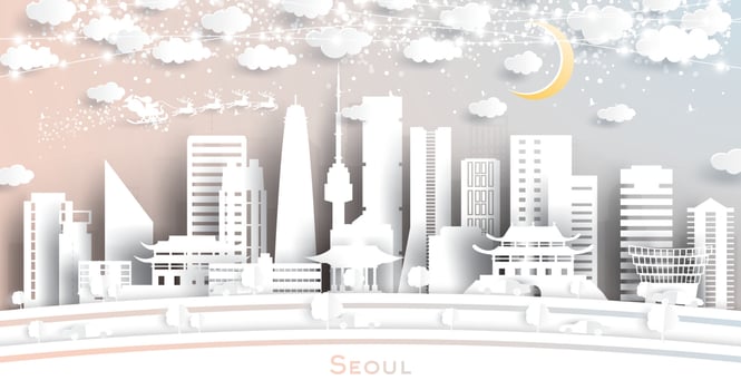 Seoul South Korea City Skyline in Paper Cut Style with Snowflakes, Moon and Neon Garland. vector