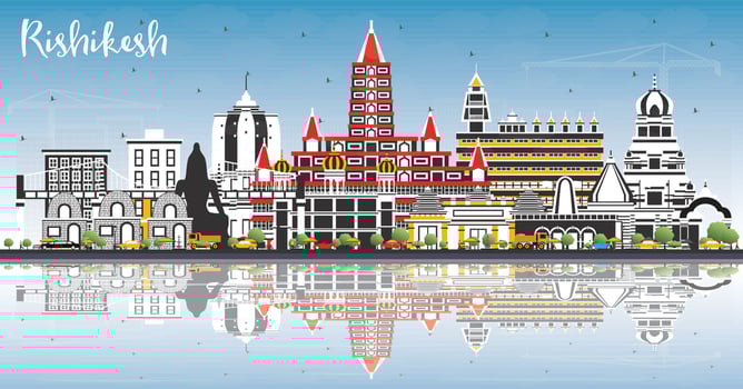 Rishikesh India City Skyline with Color Buildings, Blue Sky and Reflections. vector