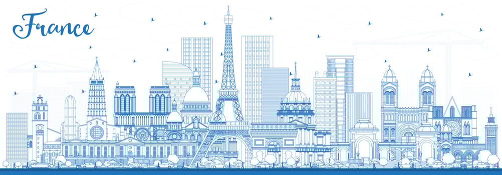 Outline France City Skyline with Blue Buildings. vector