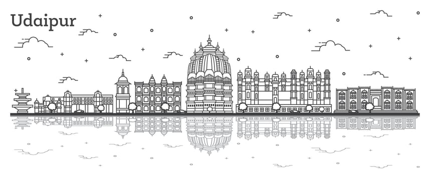 Outline Udaipur India City Skyline with Historical Buildings and Reflections Isolated on White. vector