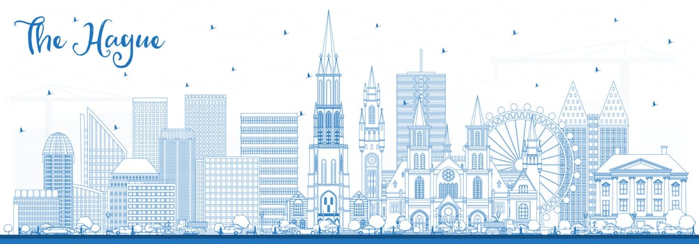 Outline The Hague Netherlands City Skyline with Blue Buildings. vector