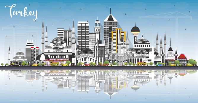 Turkey City Skyline with Gray Buildings, Blue Sky and Reflections. vector