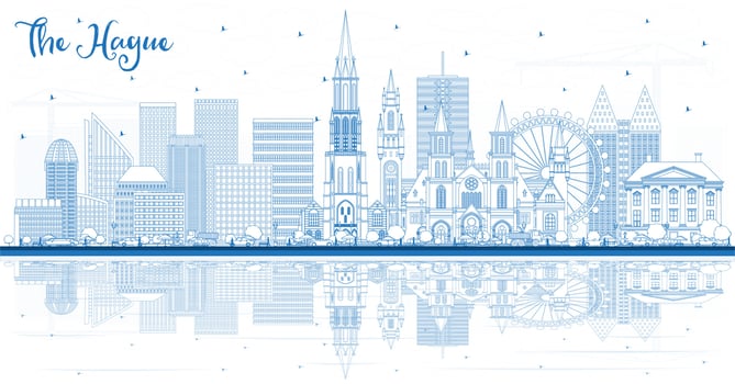 Outline The Hague Netherlands City Skyline with Blue Buildings and Reflections. vector